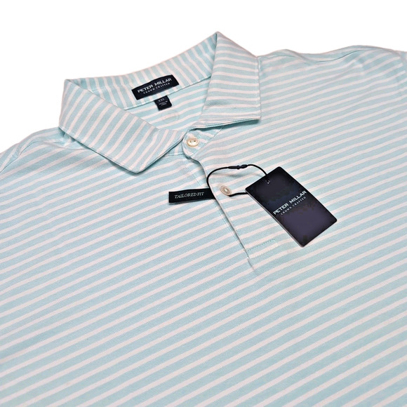 Peter Millar Light Blue and White Striped Polo Shirt - Picture 1 of 16